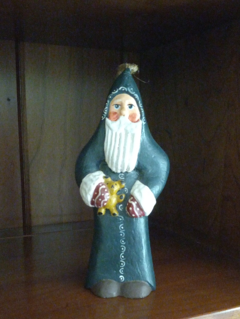 Nordic Folk Art Blue Santa Bell Figurine Ornament Carrying Teddy Bear
